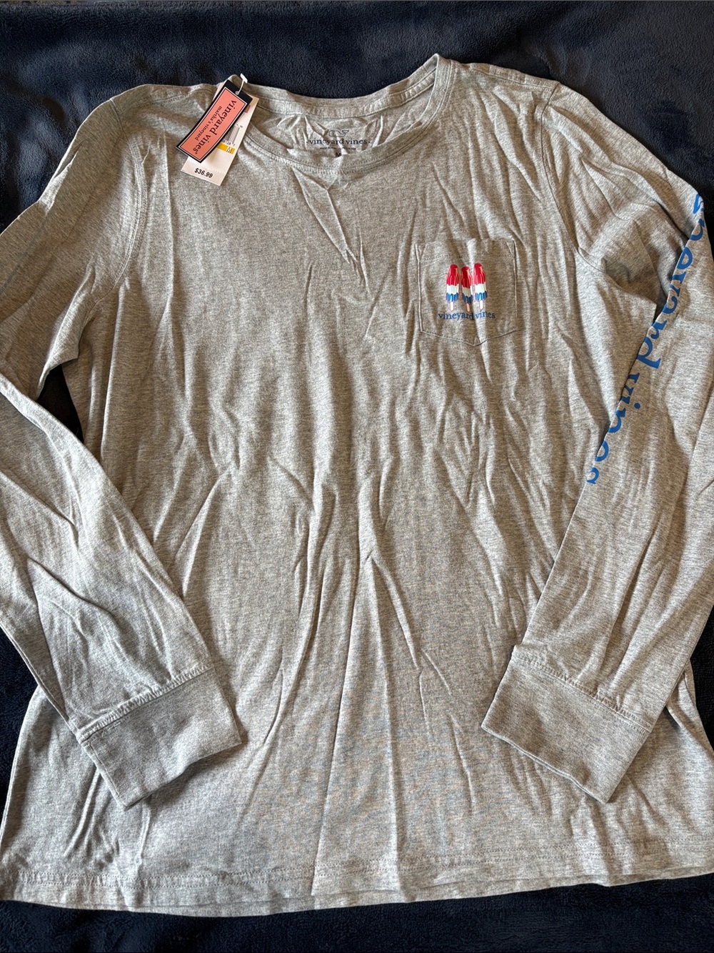 Vineyard Vines Heather Gray Long Sleeve Tee with Red, White & Blue Popsicle